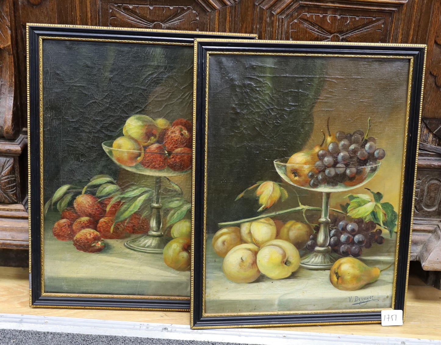 V. Denayer, pair of oils on canvas, Still lifes of fruit, signed, 36 x 27cm